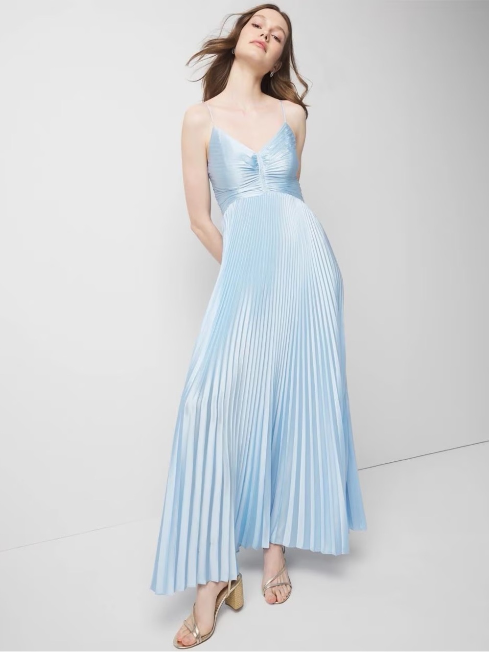 White House Black Market Light Blue Pleated Maxi Dress with Spaghetti Straps